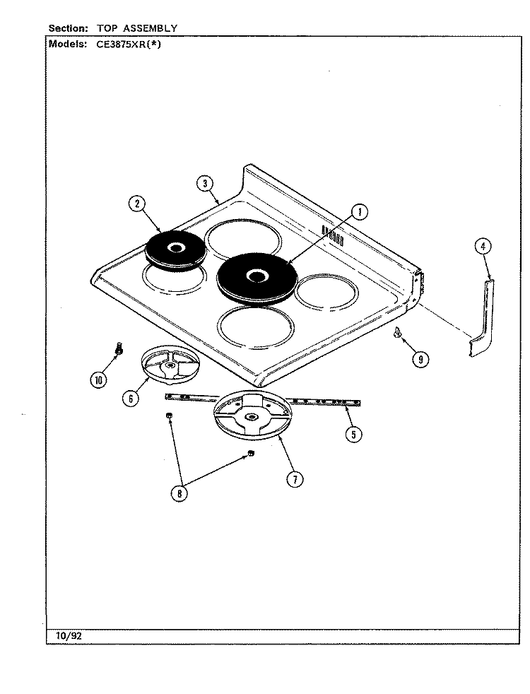 TOP ASSEMBLY Diagram and Parts List for CE3875XRW  Crosley Range