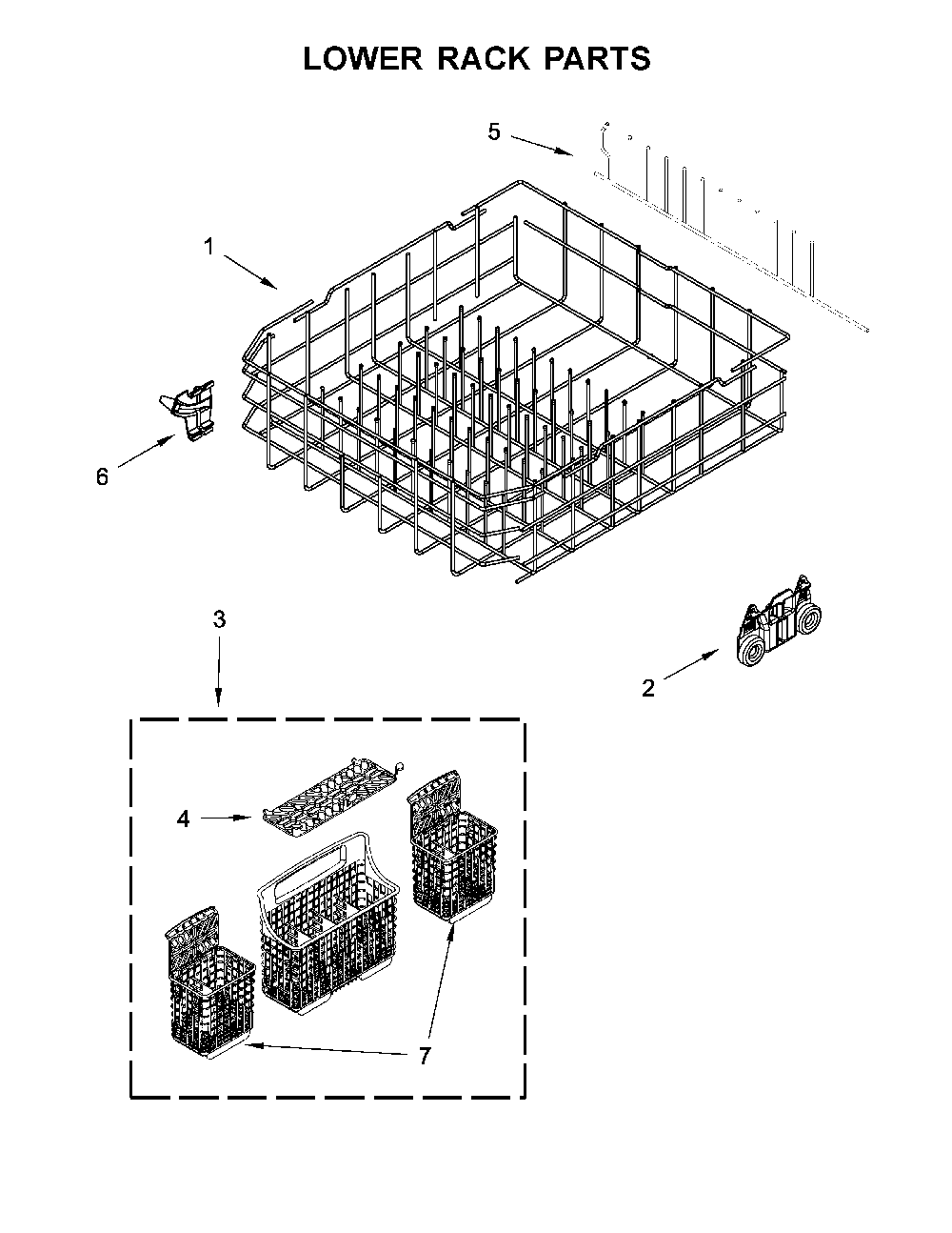 Lower Rack Parts Diagram and Parts List for 66514752N512  Kenmore Dishwasher