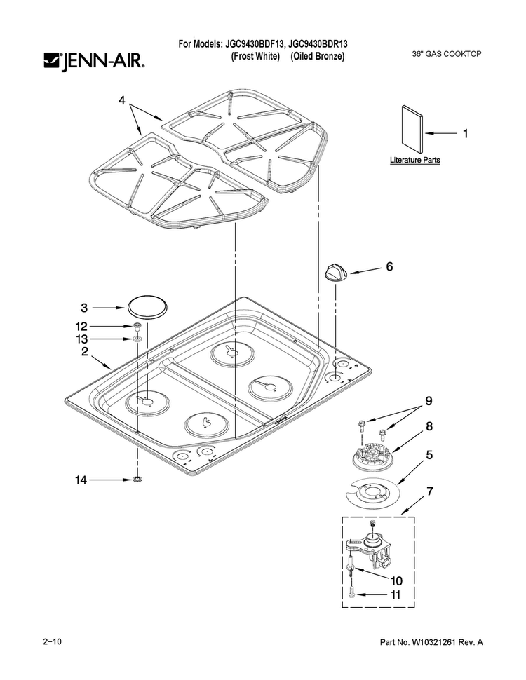 Cooktop, Burner And Grate Parts Diagram and Parts List for JGC9430BDF13  Jenn-Air Cooktop