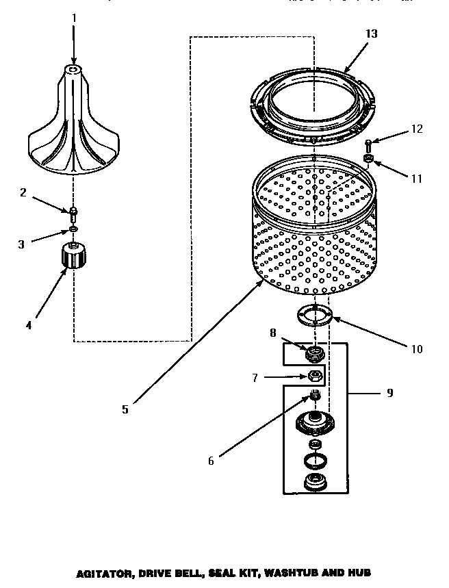 Agitator, Drive Bell, Seal Kit, Washtub & Hub Diagram and Parts List for LW1000W P1177501WW Amana Washer