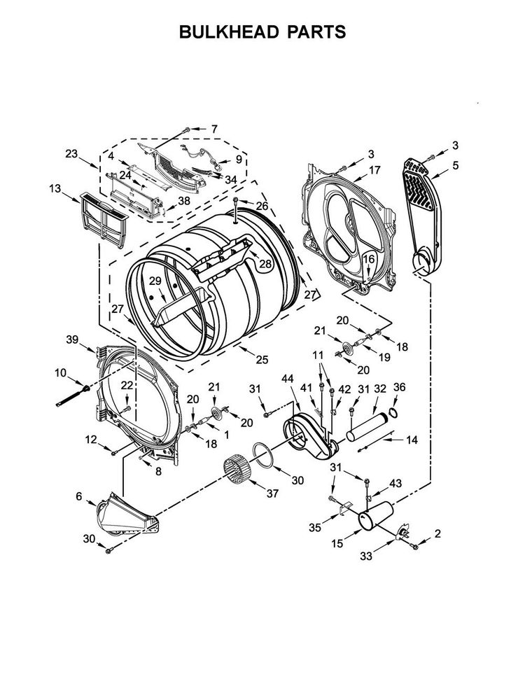 Bulkhead Parts Diagram and Parts List for MGDB835DW3  Maytag Dryer