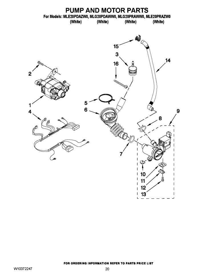 PUMP AND MOTOR PARTS Diagram and Parts List for MLG20PRAWW0  Maytag Washer Dryer Combo