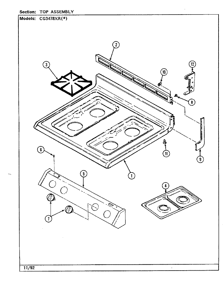 TOP ASSEMBLY Diagram and Parts List for CG3478XRW  Crosley Range