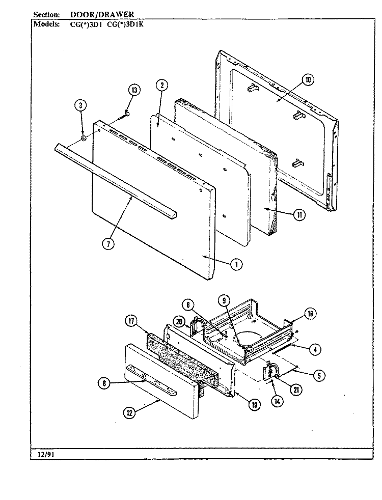 DOOR / DRAWER (CGx3D1, CGx3D1K) Diagram and Parts List for CGA3D1  Crosley Range