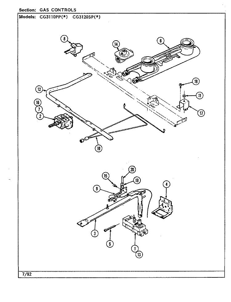 GAS CONTROLS Diagram and Parts List for CG3120SPW  Crosley Range