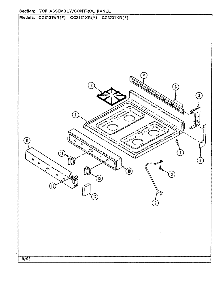 TOP ASSEMBLY Diagram and Parts List for CG3131XRW  Crosley Range