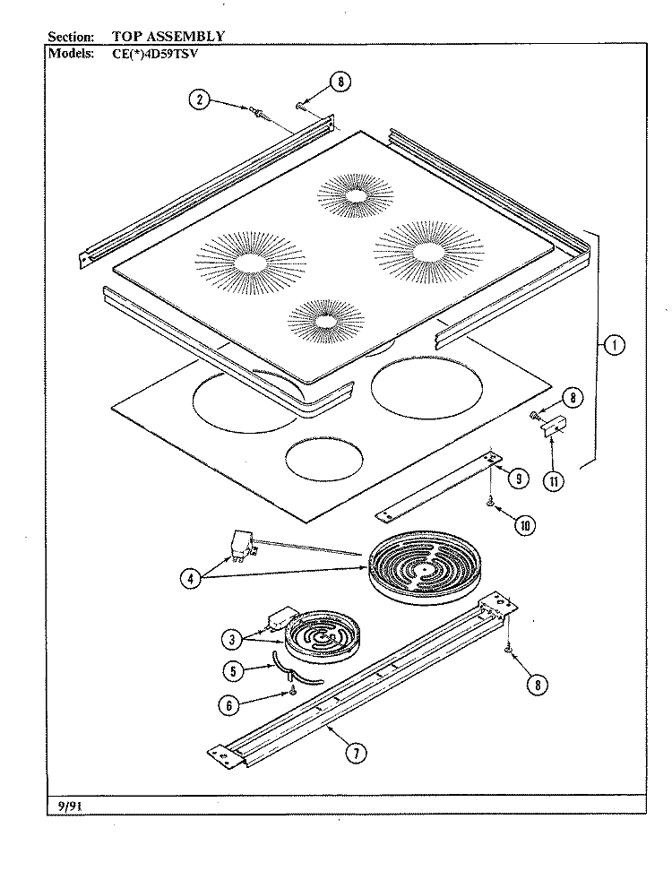 TOP ASSEMBLY Diagram and Parts List for CEW4D59TSV  Crosley Range