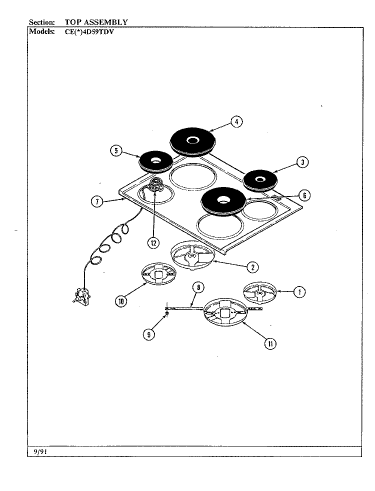TOP ASSEMBLY Diagram and Parts List for CEW4D59TDV  Crosley Range