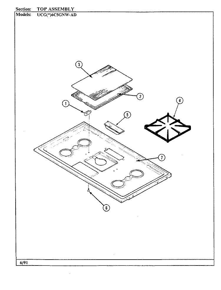 TOP ASSEMBLY Diagram and Parts List for UCGA6C5GNW-AD  Crosley Range