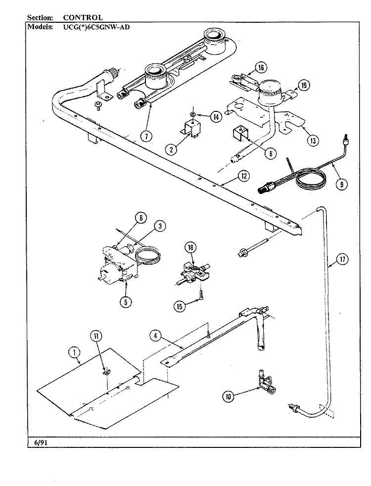 CONTROLS Diagram and Parts List for UCGA6C5GNW-AD  Crosley Range