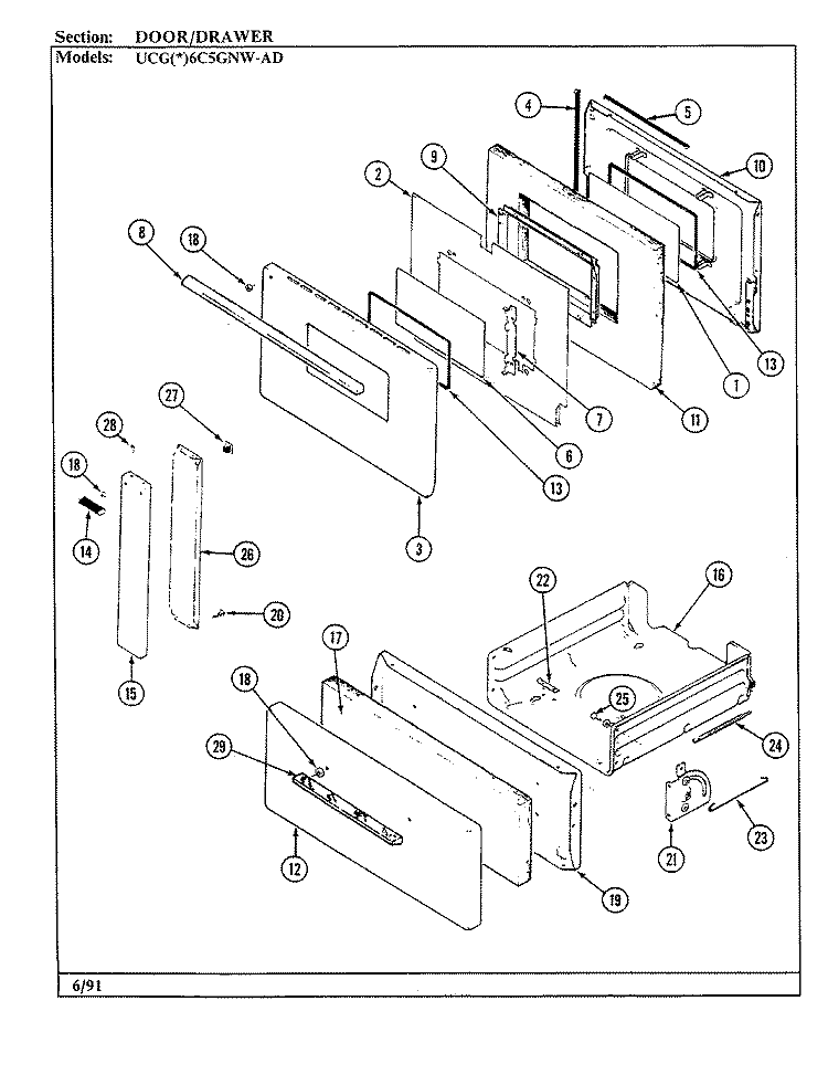 DOOR / DRAWER Diagram and Parts List for UCGA6C5GNW-AD  Crosley Range