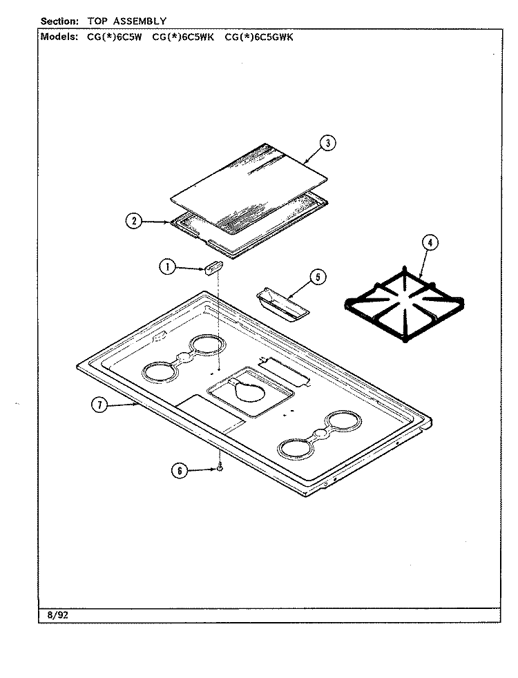 TOP ASSEMBLY Diagram and Parts List for CGA6C5GWK  Crosley Range