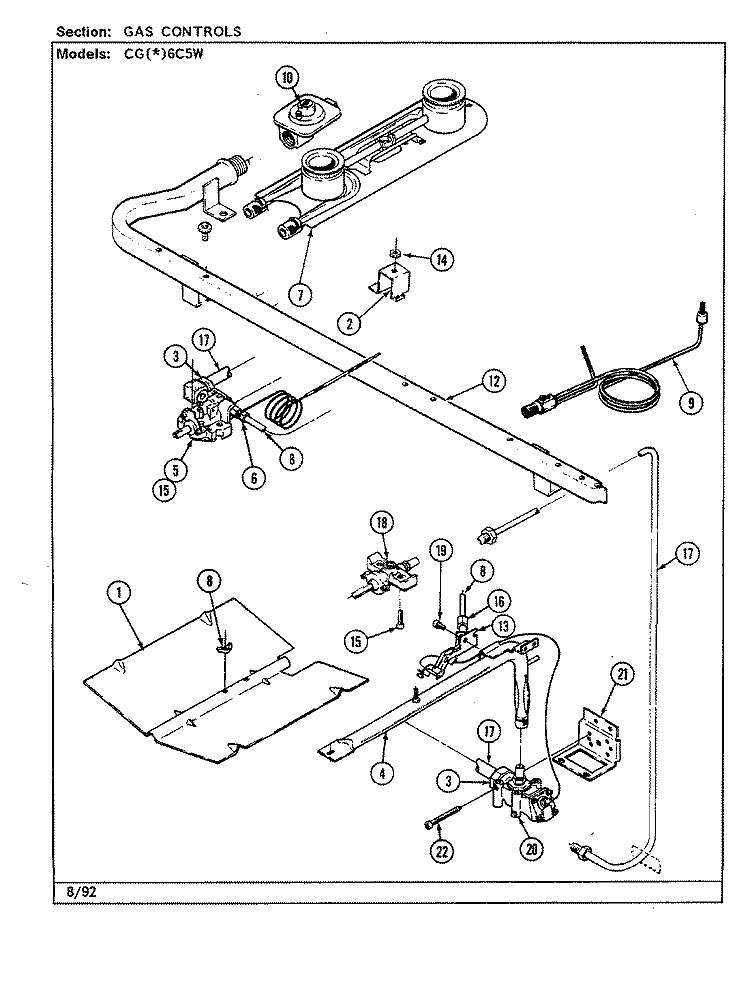 GAS CONTROLS Diagram and Parts List for CGW6C5W  Crosley Range