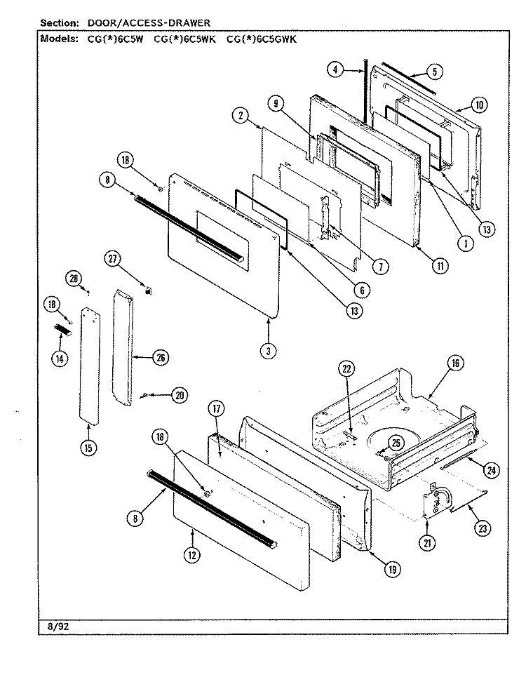 DOOR / DRAWER Diagram and Parts List for CGA6C5GWK  Crosley Range