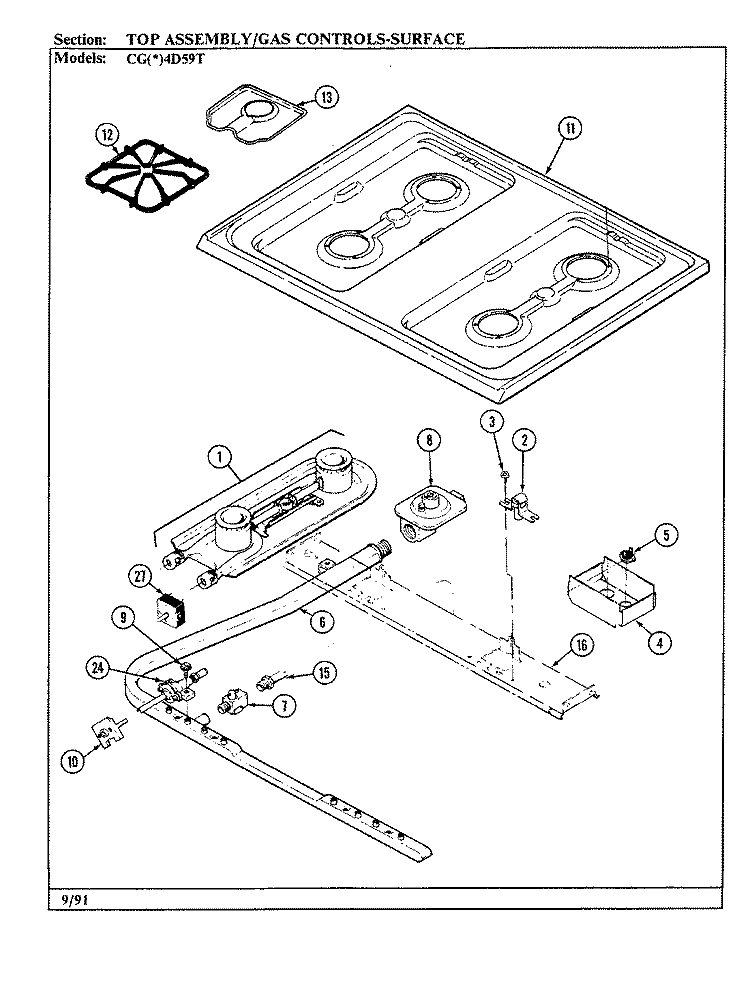 TOP ASSEMBLY Diagram and Parts List for CGW4D59TZK  Crosley Range