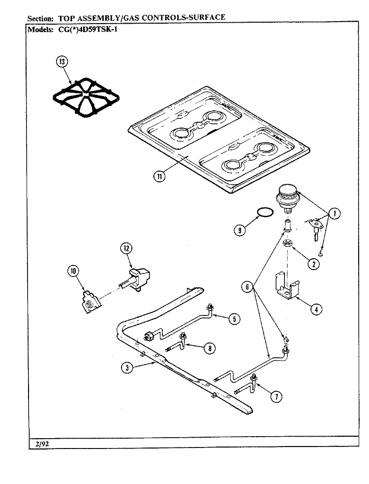 GAS CONTROLS (TOP) Diagram and Parts List for CGW4D59TSK-1  Crosley Range