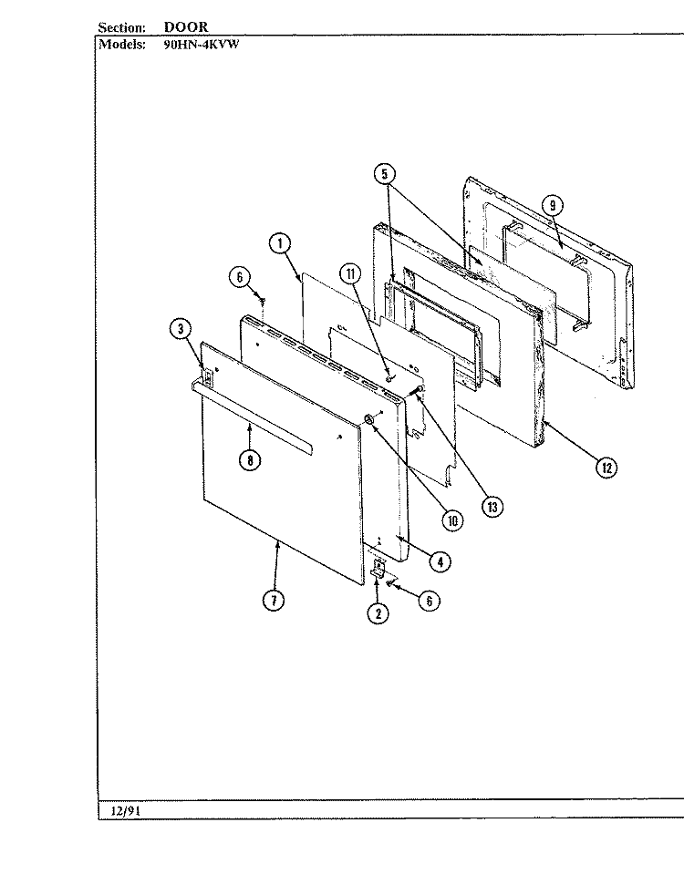 DOOR Diagram and Parts List for 90HN-4KVW  Magic Chef Wall Oven