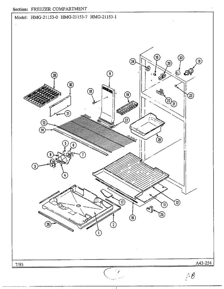 Freezer Compartment Diagram and Parts List for 21153-0B  Admiral Refrigerator