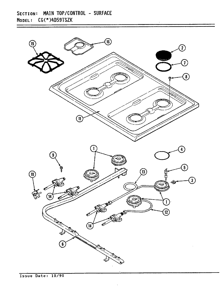 TOP ASSEMBLY Diagram and Parts List for CGA4D59TSZK  Crosley Range