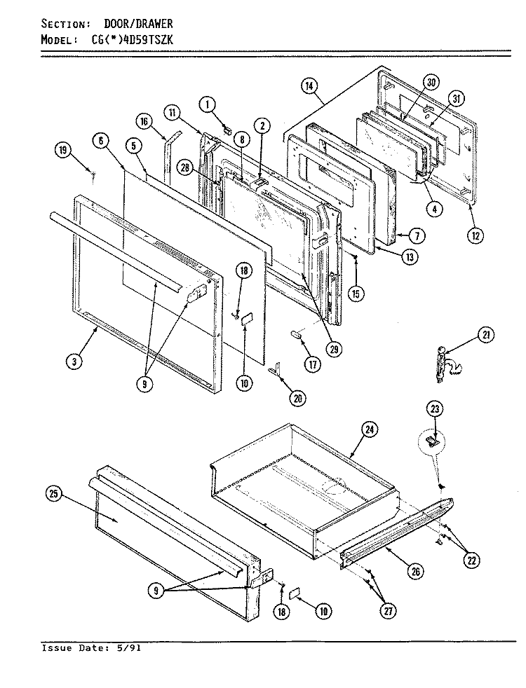 DOOR / DRAWER Diagram and Parts List for CGA4D59TSZK  Crosley Range