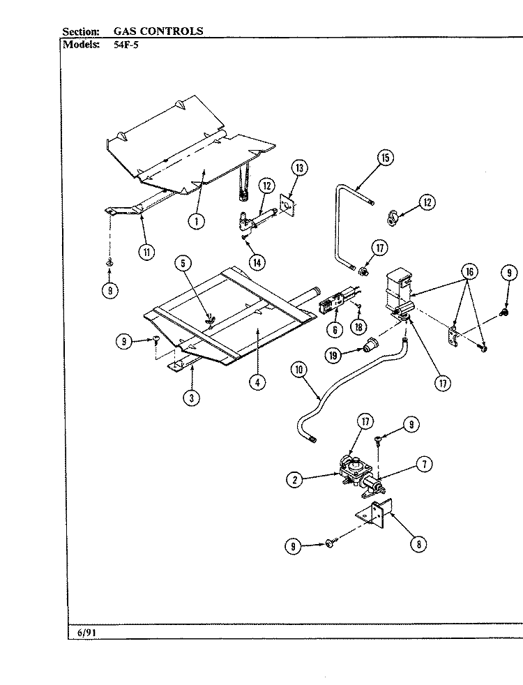 GAS CONTROLS Diagram and Parts List for 54FK-5TXW  Magic Chef Range