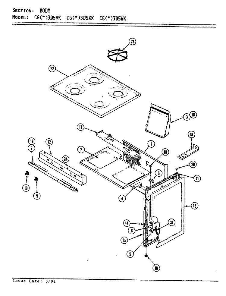 BODY Diagram and Parts List for CGA3D5XK  Crosley Range