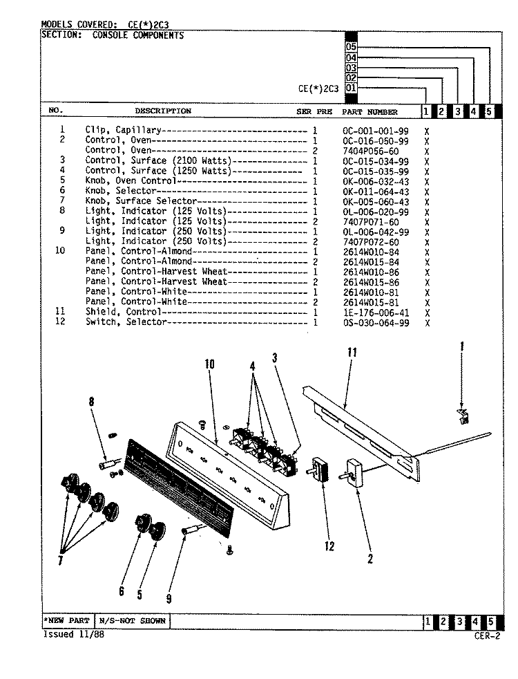 CONTROL PANEL Diagram and Parts List for CEA2C3  Crosley Range