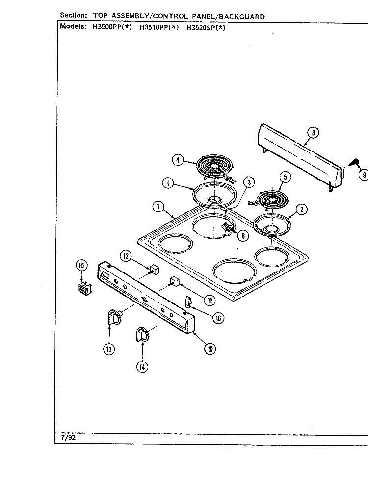 TOP ASSEMBLY Diagram and Parts List for H3510PPA  Hardwick Range