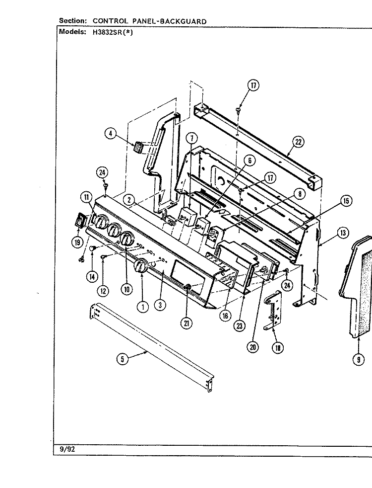 CONTROL PANEL Diagram and Parts List for H3832SRW  Hardwick Range