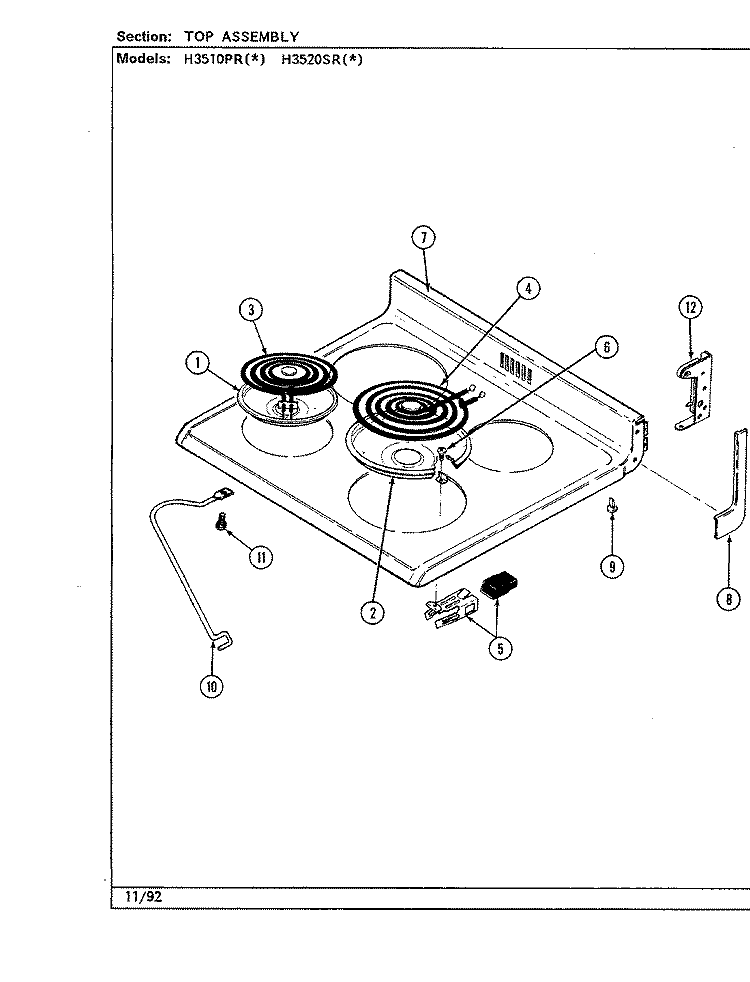 TOP ASSEMBLY Diagram and Parts List for H3510PRW  Hardwick Range