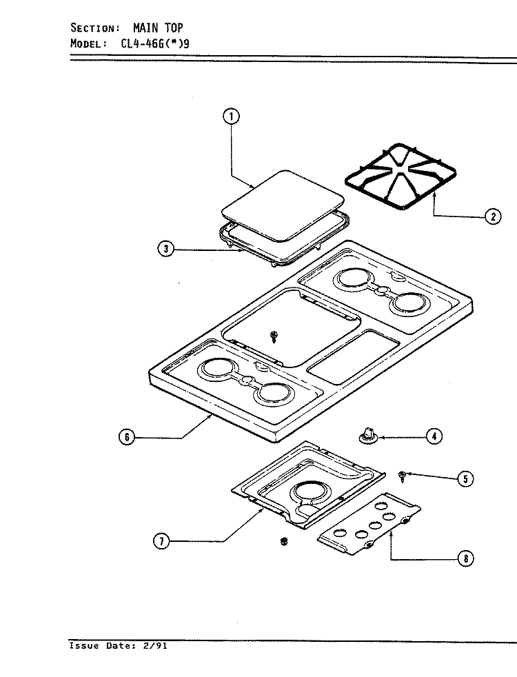 TOP ASSEMBLY Diagram and Parts List for CL4-46GW9  Hardwick Cooktop