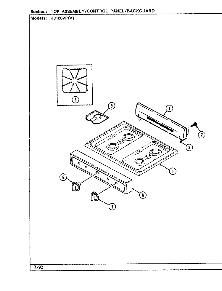 TOP ASSEMBLY Diagram and Parts List for H3100PPW  Hardwick Range