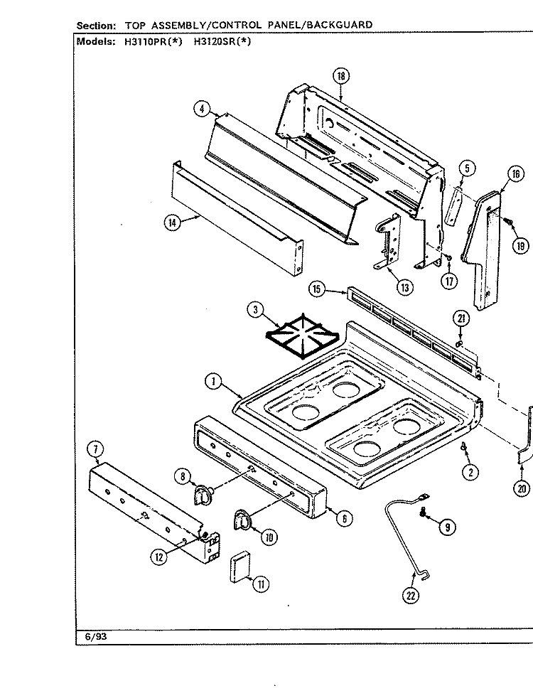 TOP ASSEMBLY Diagram and Parts List for H3110PRW  Hardwick Range