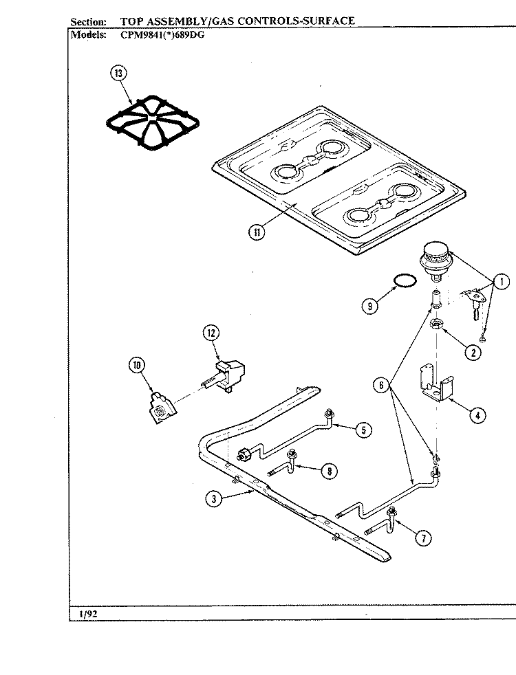 TOP ASSEMBLY Diagram and Parts List for CPM9841W689DG  Hardwick Range