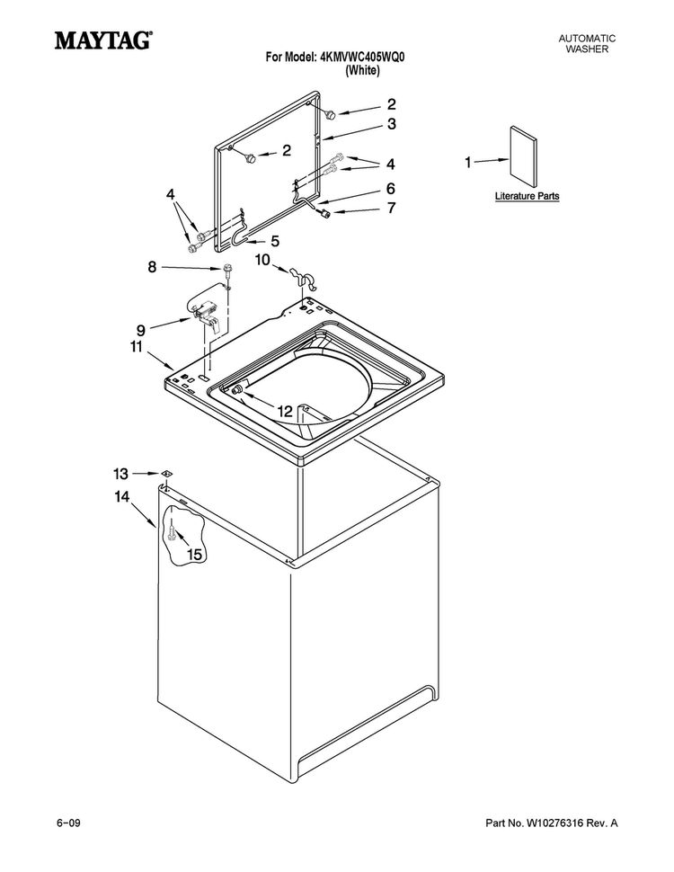Top And Cabinet Parts Diagram and Parts List for 4KMVWC405WQ0  Maytag Washer