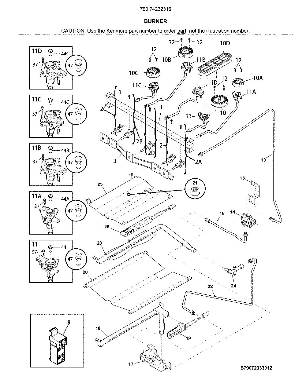 Burner Diagram and Parts List for 79074232316  Kenmore Range