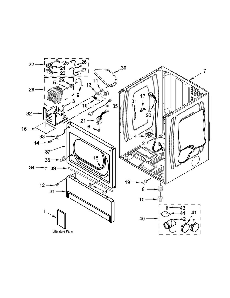 Lower Cabinet And Front Panel Parts Diagram and Parts List for MLE26PRKYW0  Maytag Dryer