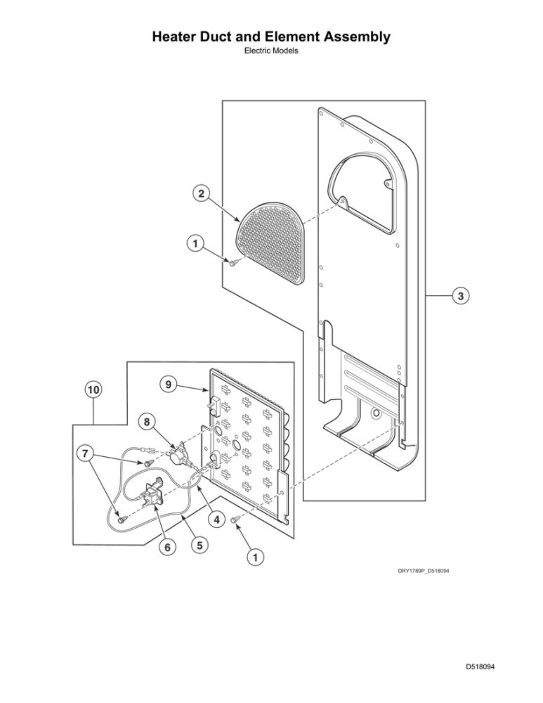 Heater Duct/Element Assembly  Electric Diagram and Parts List for ADE6HRYS177TW01  Speed Queen Dryer