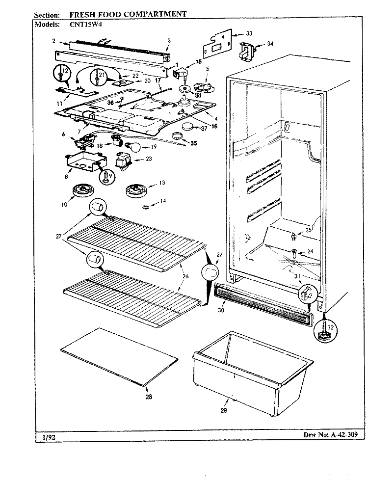 FRESH FOOD COMPARTMENT Diagram and Parts List for CNT15W4A BC11C Crosley Refrigerator
