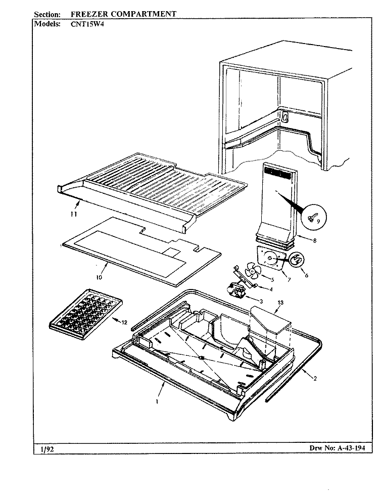 FREEZER COMPARTMENT Diagram and Parts List for CNT15W4A BC11C Crosley Refrigerator