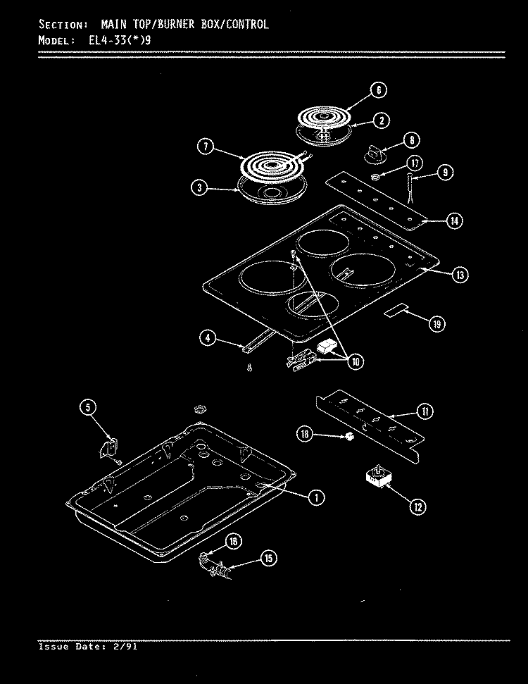 TOP ASSEMBLY Diagram and Parts List for EL4-33W9  Hardwick Cooktop