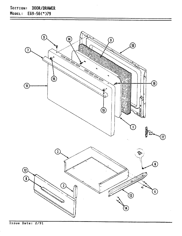 DOOR / DRAWER Diagram and Parts List for EG9-56W79  Hardwick Range