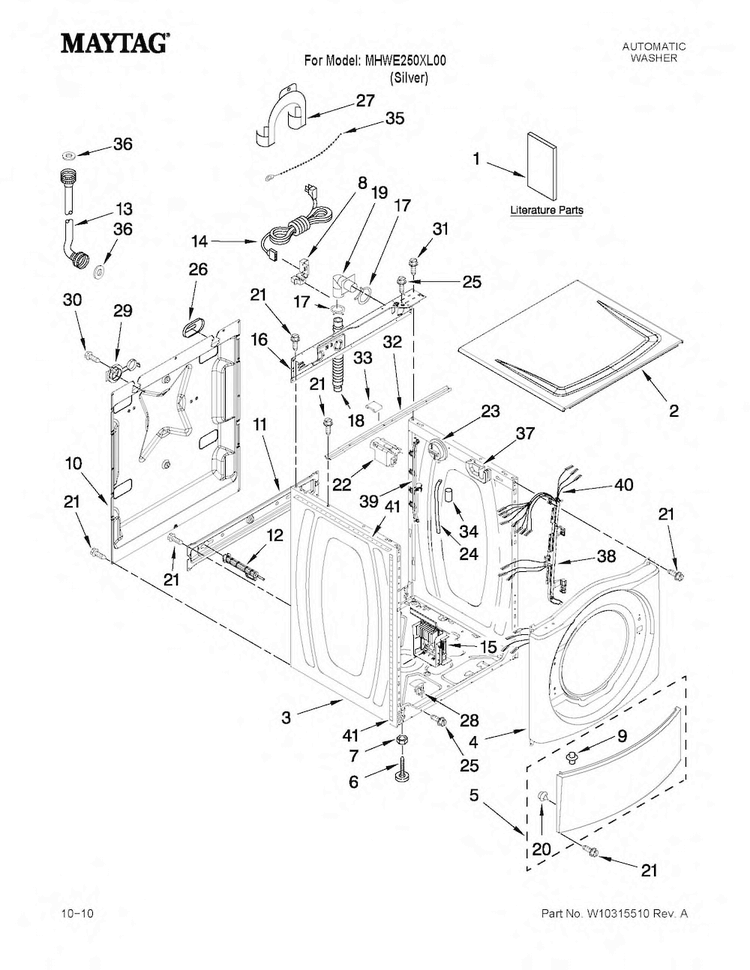 Top And Cabinet Parts Diagram and Parts List for MHWE250XL00  Maytag Washer