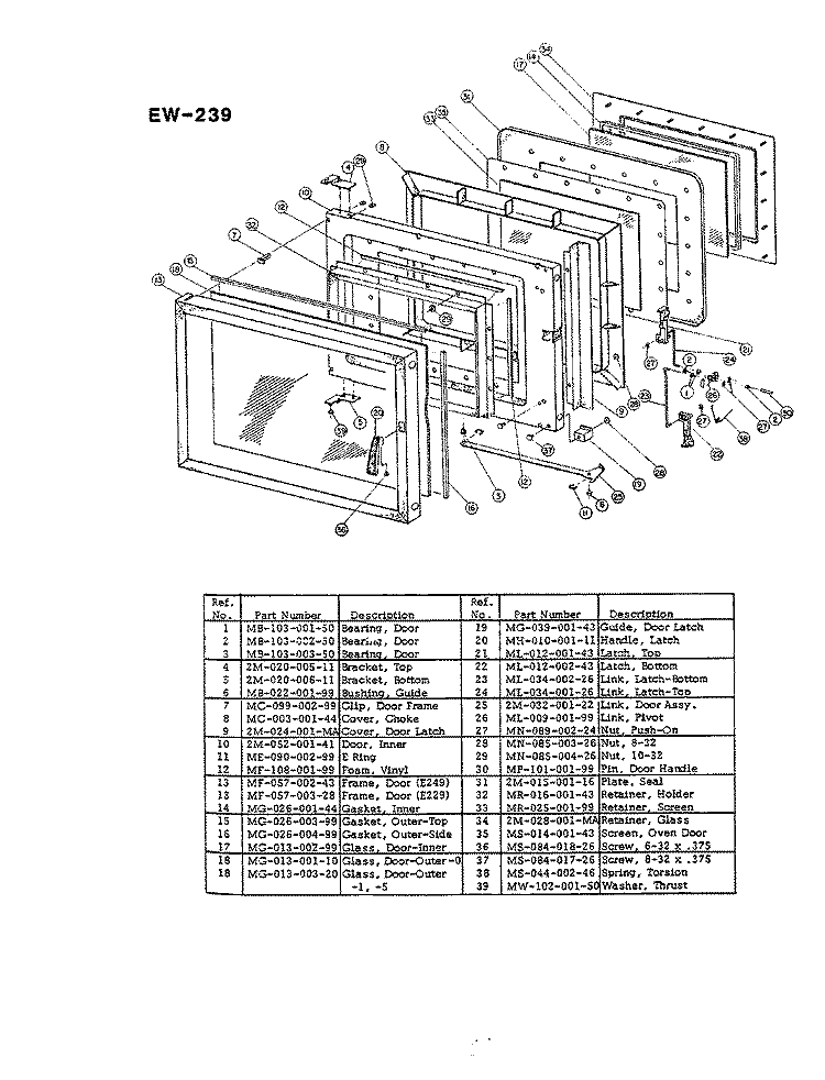 DOOR ASSEMBLY Diagram and Parts List for EW239  Hardwick Microwave
