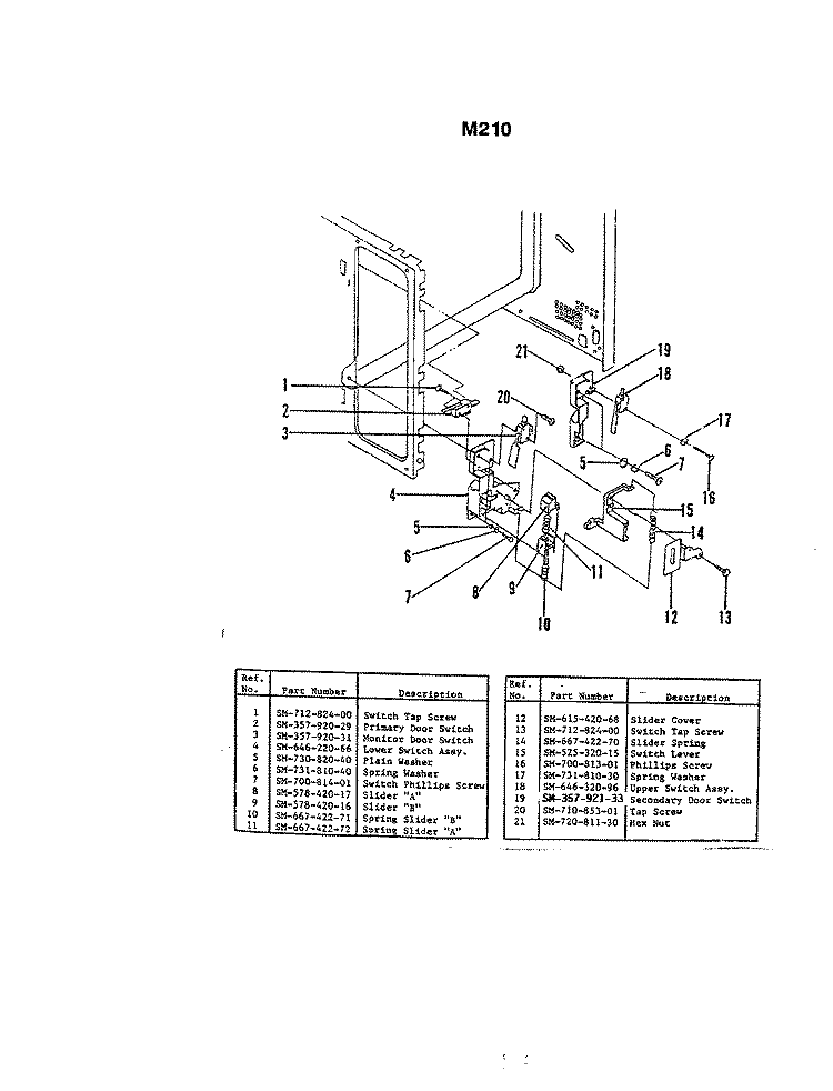 INTERLOCK SWITCHES Diagram and Parts List for M210  Hardwick Microwave