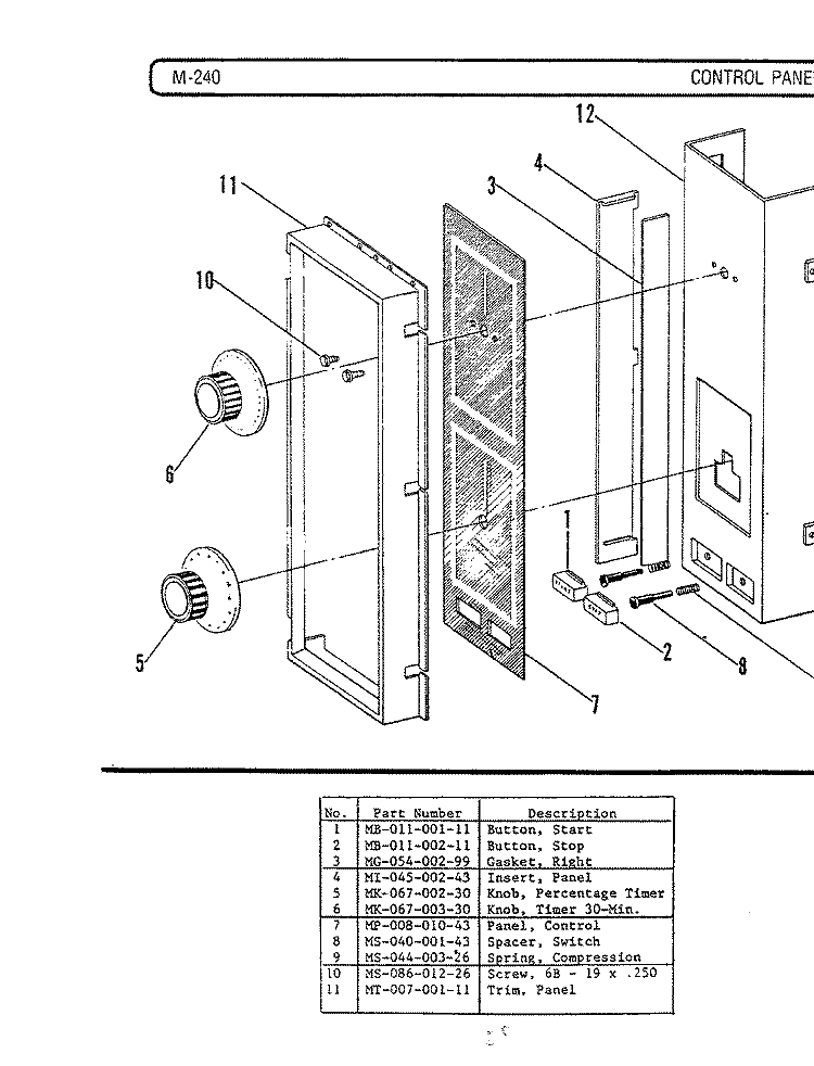 CONTROL PANEL (M240) Diagram and Parts List for M240  Hardwick Microwave