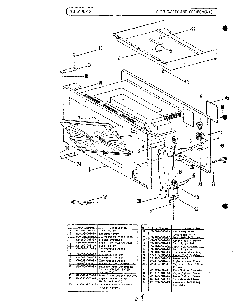 OVEN CAVITY Diagram and Parts List for M240  Hardwick Microwave