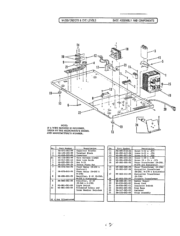 BASE & ASSEMBLY (M250, M260 & M270) Diagram and Parts List for M240  Hardwick Microwave