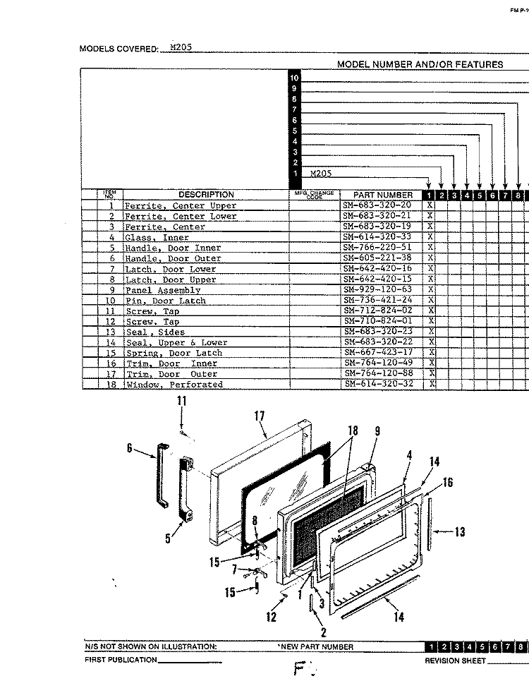 DOORS Diagram and Parts List for M205  Hardwick Microwave