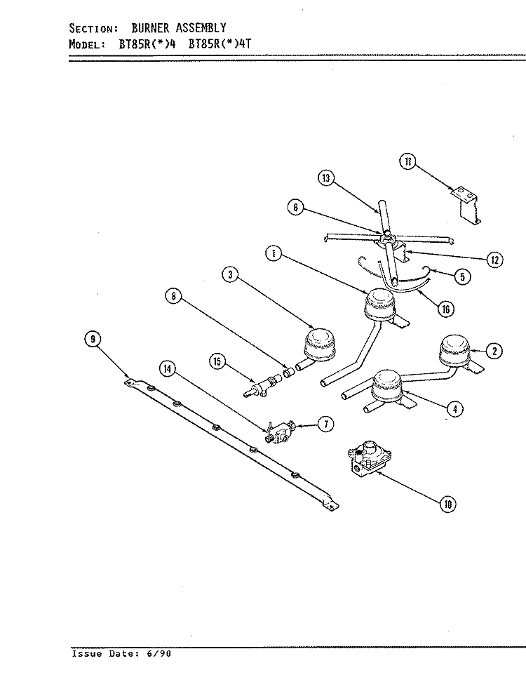 BURNER ASSEMBLY Diagram and Parts List for BT85RS-4  Magic Chef Cooktop